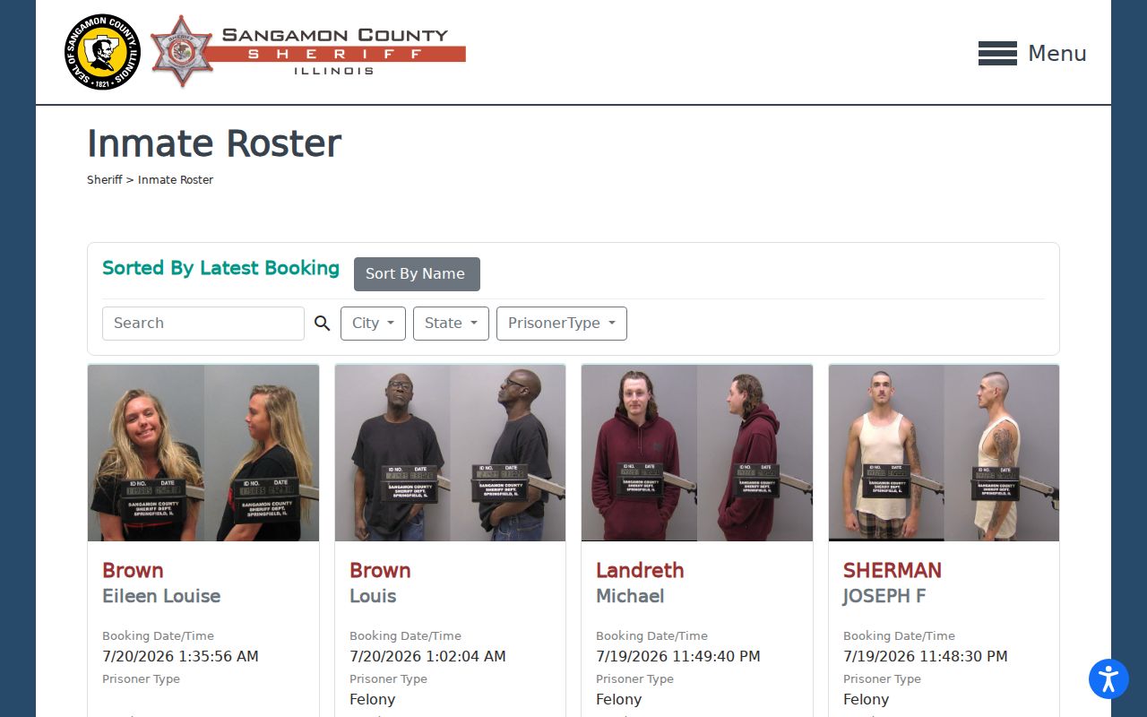 Sangamon County inmate roster search page