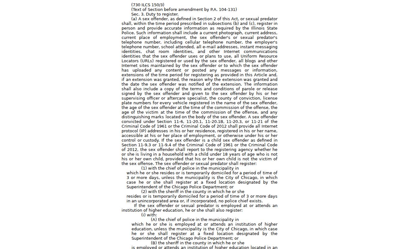 Illinois Sex Offender Registration Act registration information requirements
